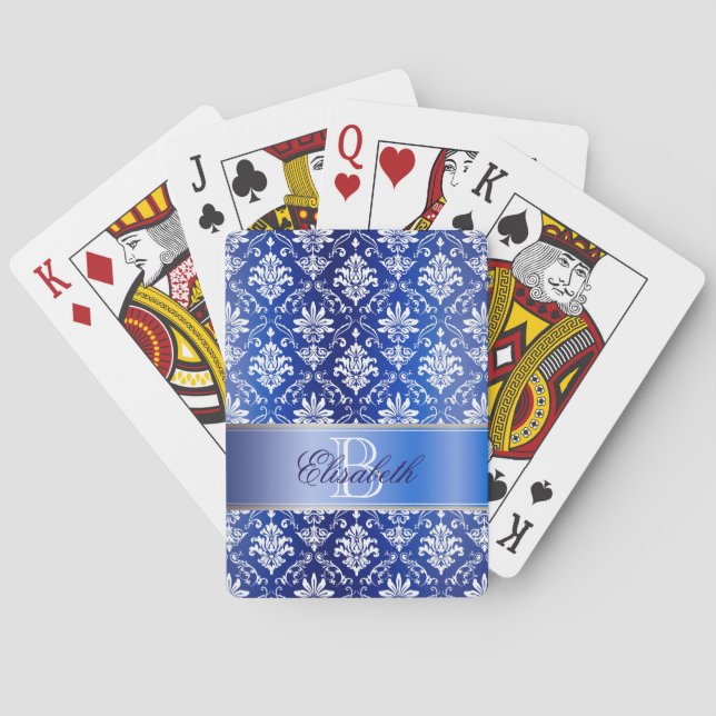Monogram Blue and White Damask Playing Cards (Back)