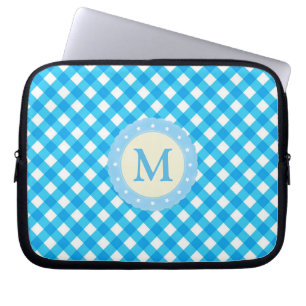 Monogram Blue and White Gingham Pattern Laptop Sleeve