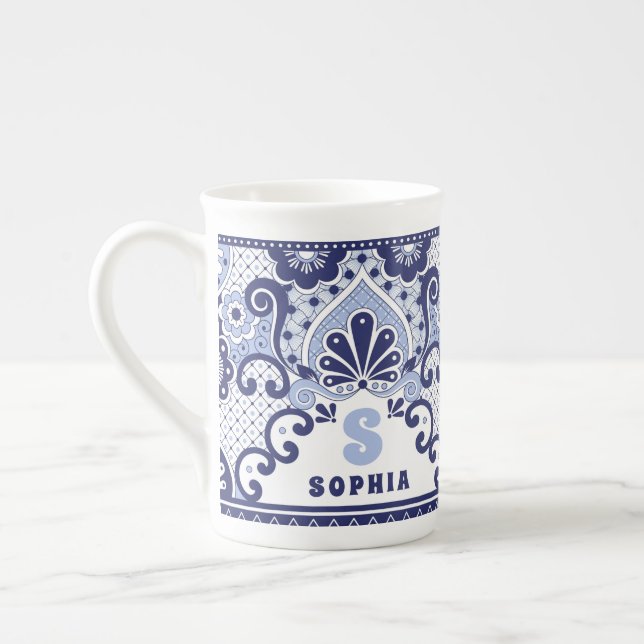 Monogram Blue and White Mexican Talavera Tile Bone Bone China Mug (Left)