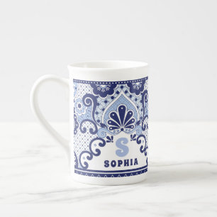 Monogram Blue and White Mexican Talavera Tile Bone China Mug