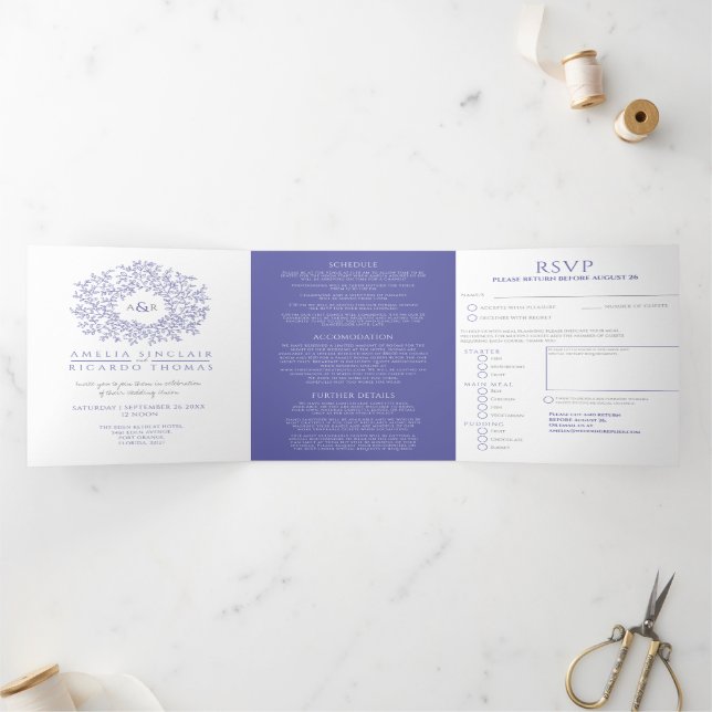 Monogram blue and white wedding Tri-Fold invitation (Inside)