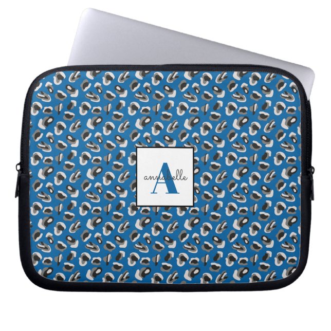 Monogram Blue Animal Leopard Print Personalised Laptop Sleeve (Front)