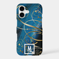 Monogram Blue Black Paint Gold Swirls Flourishes