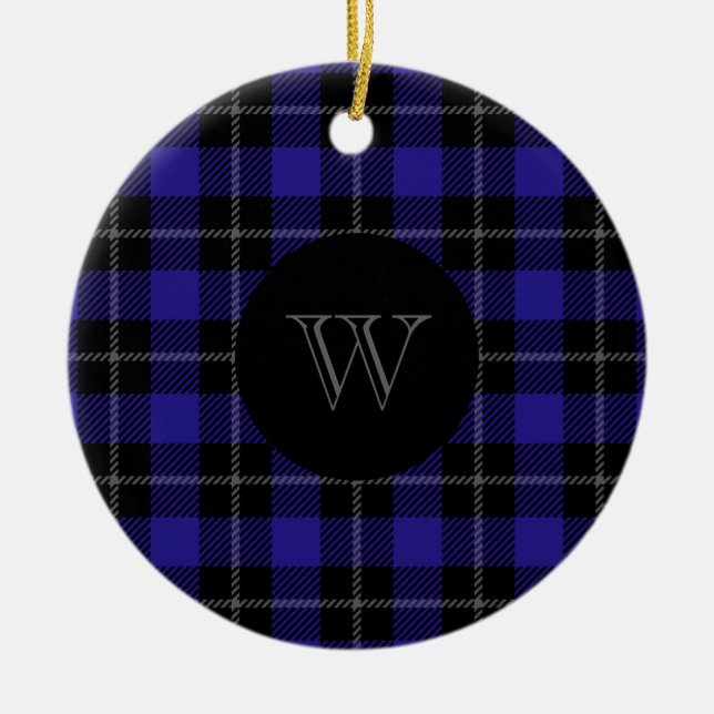 Monogram Blue Black Plaid Ceramic Tree Decoration (Front)