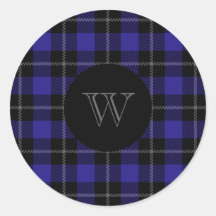 Monogram Blue Black Plaid Classic Round Sticker