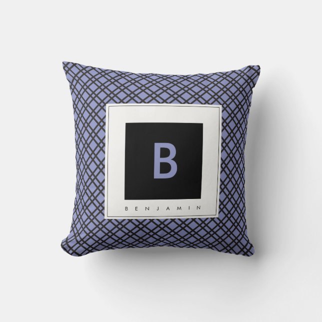 Monogram Blue & Black Plaid Throw Pillow (Front)