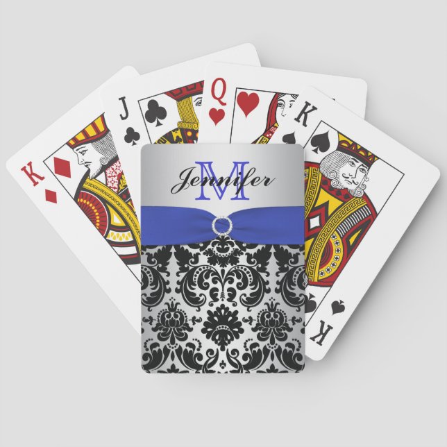 Monogram Blue Black Silver Damask Playing Cards (Back)