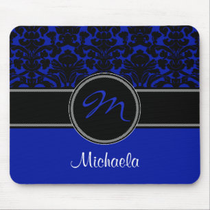 Monogram Blue Black White Damask Mousepad