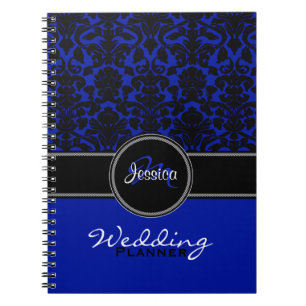 Monogram Blue Black White Damask Wedding Planner Spiral Notebook