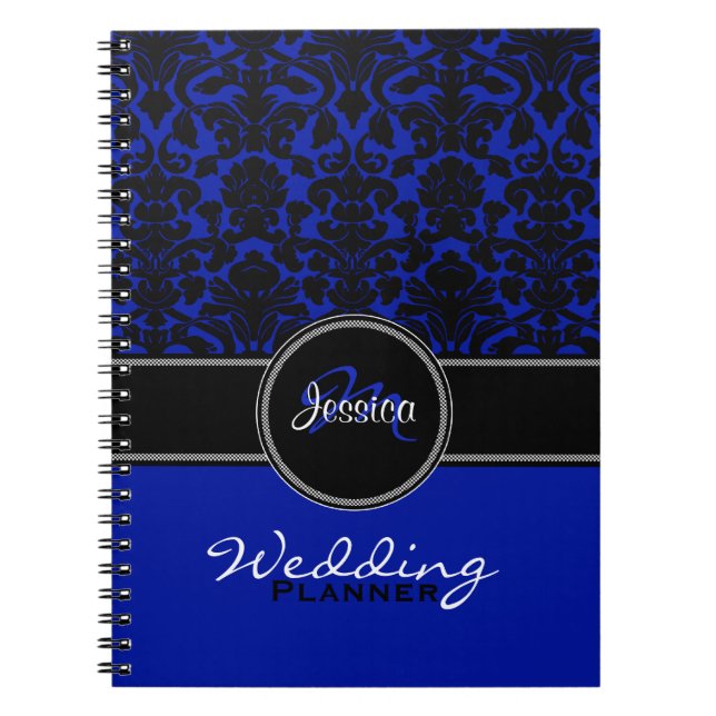 Monogram Blue Black White Damask Wedding Planner Spiral Notebook (Front)