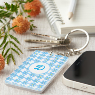 monogram blue botanical initial custom key ring