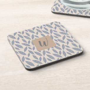 Monogram Blue Botanical Leaves Beverage Coaster
