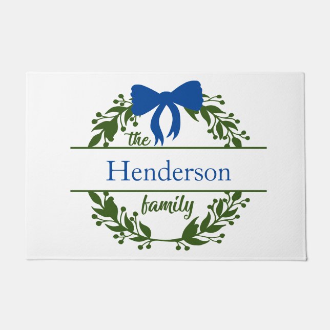 Monogram Blue Bow Green Wreath Family Name  Doormat (Front)