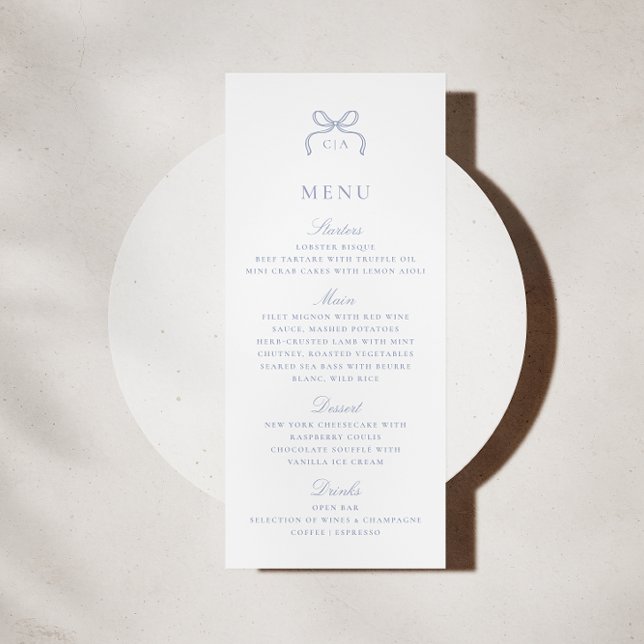 Monogram Blue Bow Wedding Menu Card (Creator Uploaded)