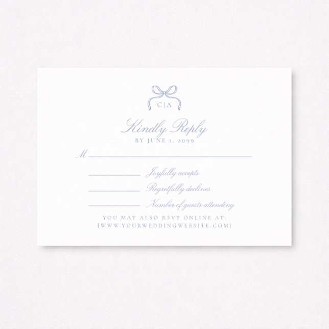 Monogram Blue Bow Wedding RSVP Card (Creator Uploaded)
