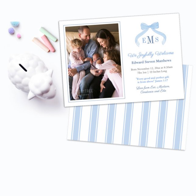 Monogram Blue Bow Welcome Baby Boy Photo Announcement (Preppy blue and white bow monogram birth announcement photocard design for baby boy)