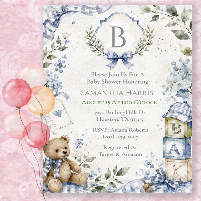 Monogram Blue Boy Baby Shower  Invitation (Creator Uploaded)