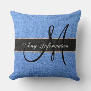 Monogram Blue Burlap Rustic Jute Cushion