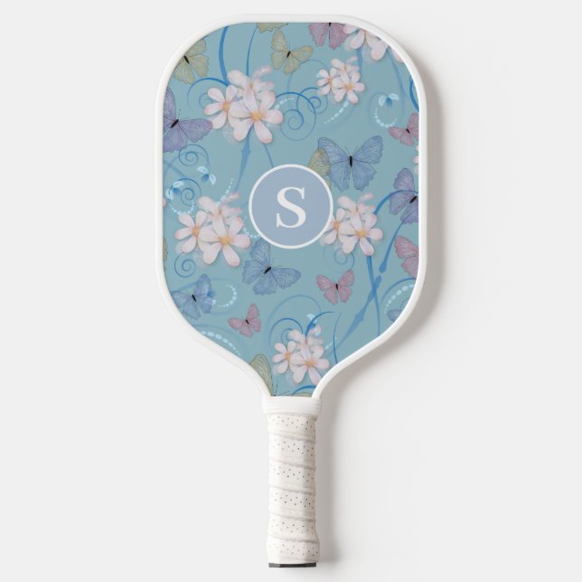Monogram Blue Butterfly Floral  Pickleball Paddle (Front)