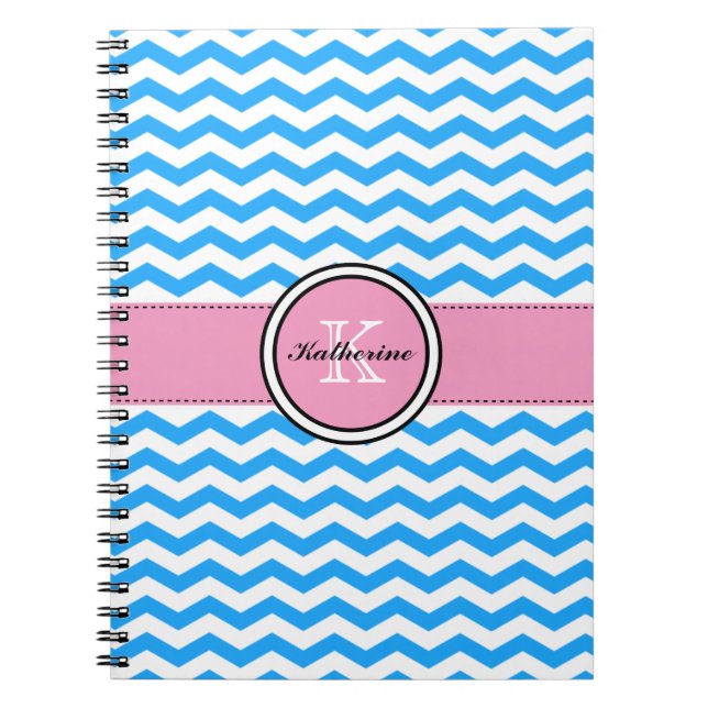 Monogram Blue Chevron and Pink Spiral Notebook (Front)