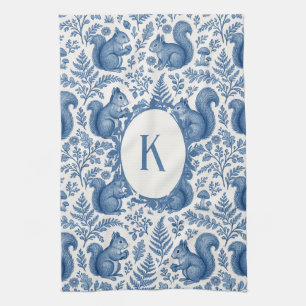 Monogram Blue Chinoiserie Squirrel Woodland Tea Towel