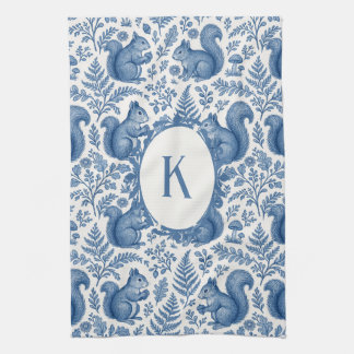 Monogram Blue Chinoiserie Squirrel Woodland Tea Towel