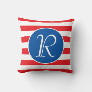 Monogram Blue Circle   Red & White Stripe Cushion