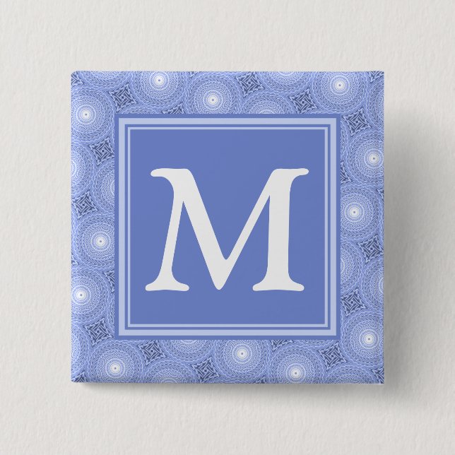 Monogram blue circles pattern 15 cm square badge (Front)