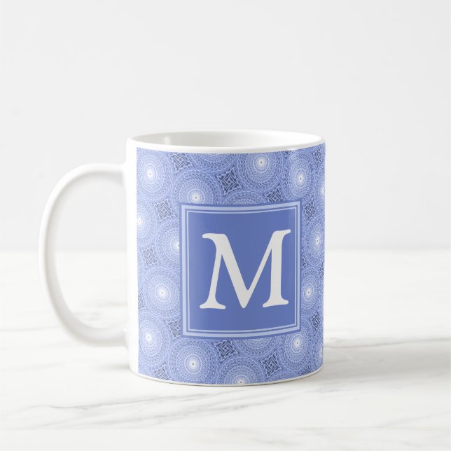 Monogram blue circles pattern coffee mug (Left)