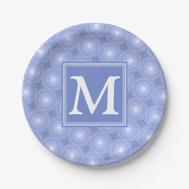 Monogram blue circles pattern paper plate (Front)