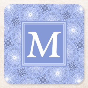 Monogram blue circles pattern square paper coaster