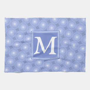 Monogram blue circles pattern tea towel
