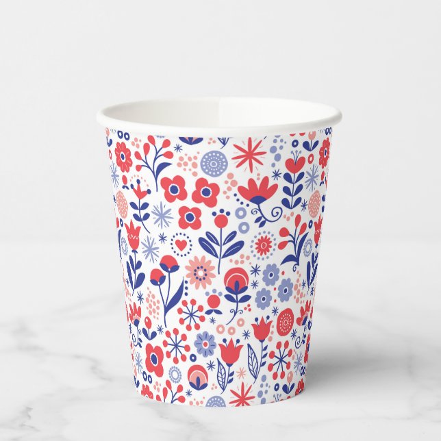Monogram | Blue & Coral Floral Pattern Paper Cups (Left)