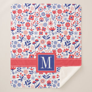 Monogram   Blue & Coral Floral Pattern Sherpa Blanket