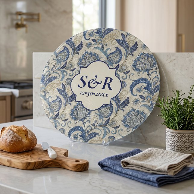 Monogram Blue & Cream Damask Floral Wedding Cutting Board (Creator Uploaded)
