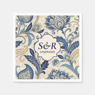 Monogram Blue & Cream Damask Floral Wedding Napkin
