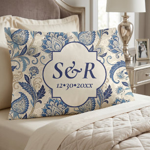 Monogram Blue & Cream Damask Floral Wedding Pillowcase