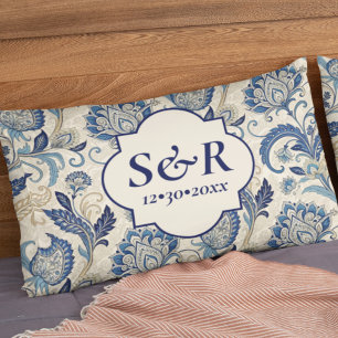 Monogram Blue & Cream Damask Floral Wedding Pillowcase