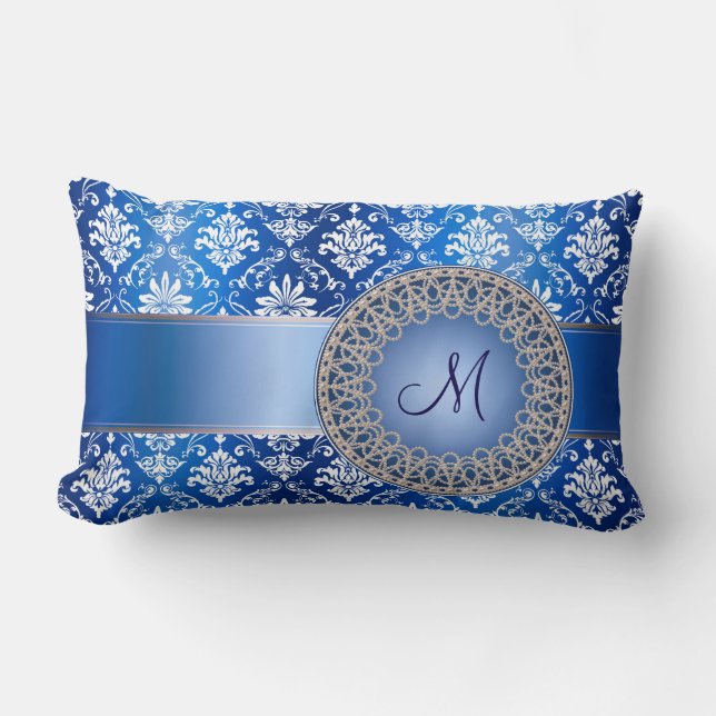 Monogram Blue Damask Lumbar Cushion (Front)