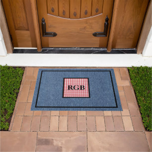 Monogram Blue Denim Red White Check Pattern Doormat