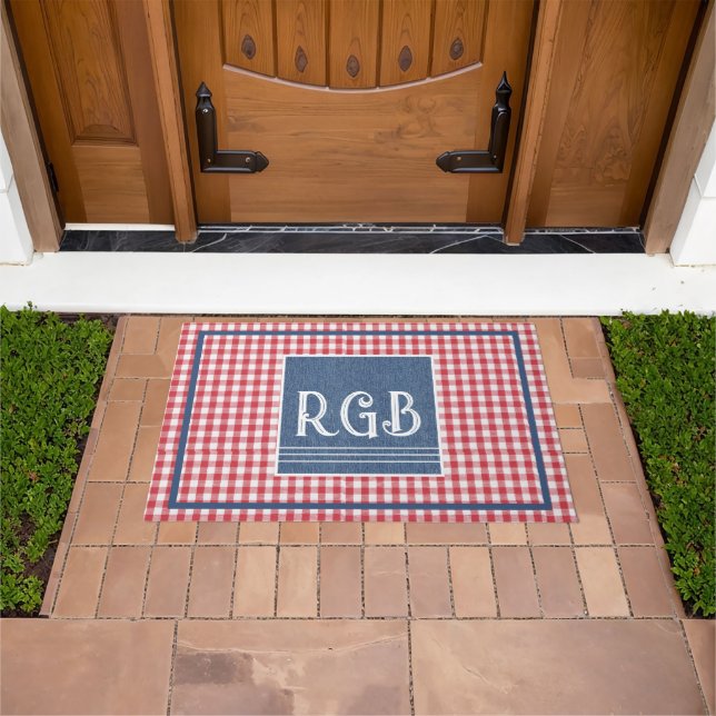 Monogram Blue Denim Red White Check Pattern Doormat (Outdoor)