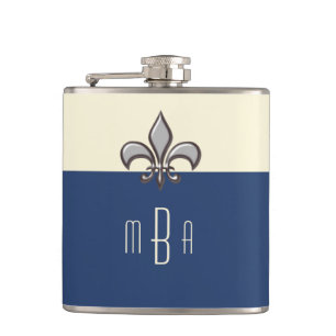 Monogram Blue Faux Metal Fleur de Lis Hip Flask
