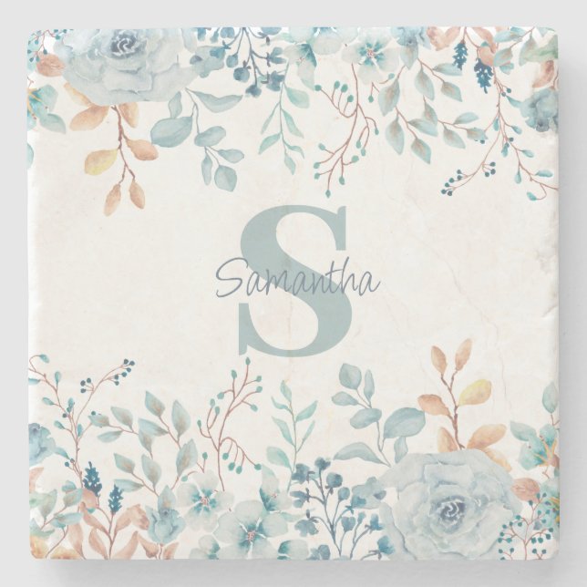 Monogram Blue Floral Botanical Stone Coaster (Front)