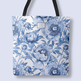 Monogram Blue Floral Bridesmaid Flower Shopping Tote Bag