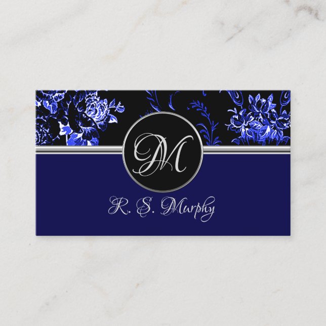 Monogram Blue Floral Business Card 2 (Front)
