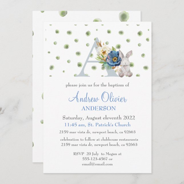 Monogram Blue Floral Greenery Baptism Boy Invitation (Front/Back)