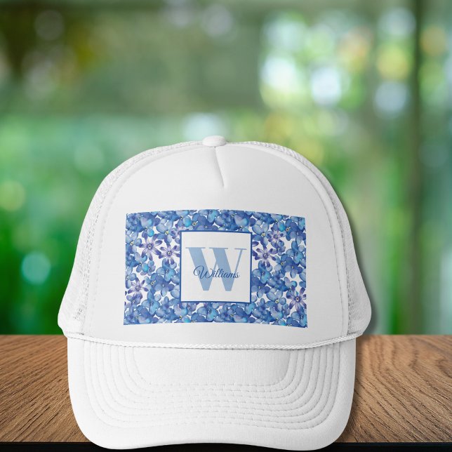 Monogram Blue Floral Name Trucker Hat (Creator Uploaded)