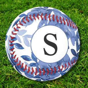 Monogram Blue Floral Pattern Botanical  Baseball