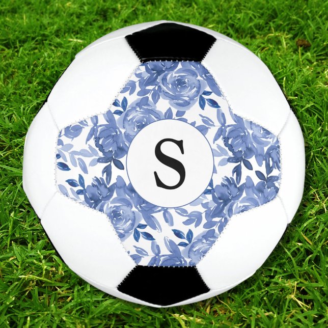 Monogram Blue Floral Pattern  Soccer Ball (Creator Uploaded)