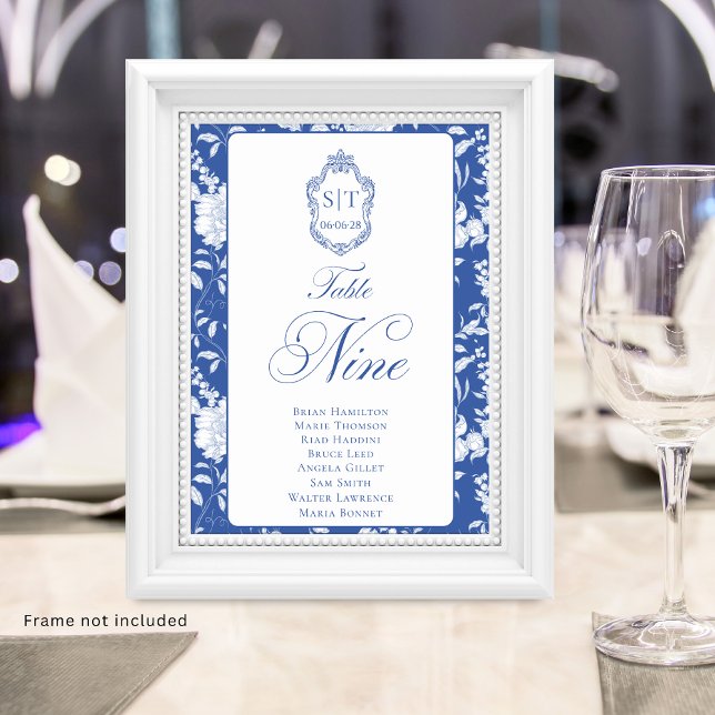 Monogram Blue Floral Script Nine 8 Names Table Number (Creator Uploaded)